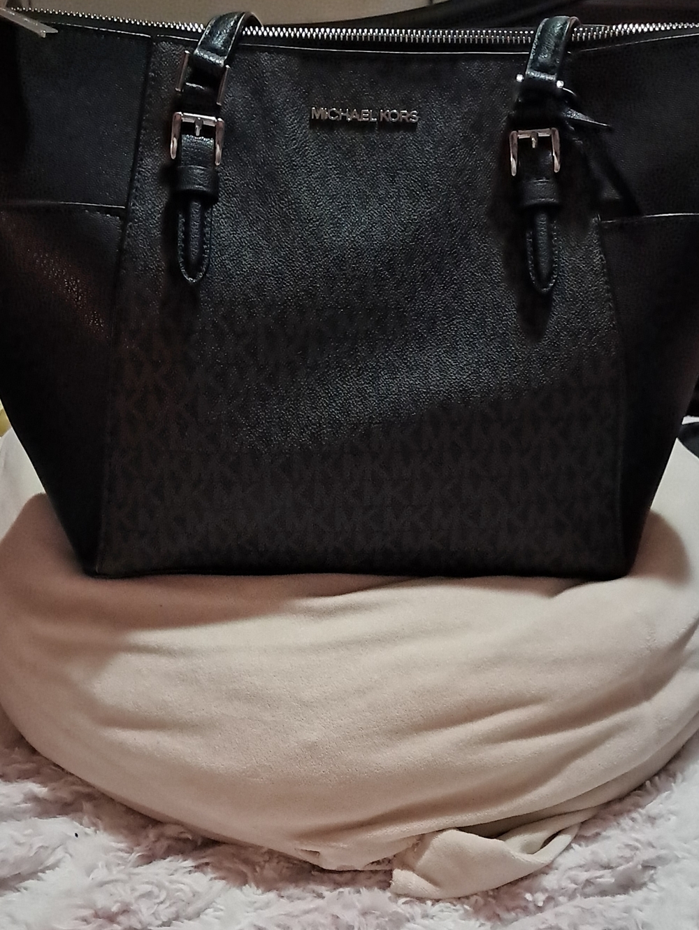 Michael Kors Black Logo-Pattern Tote with Buckle Straps